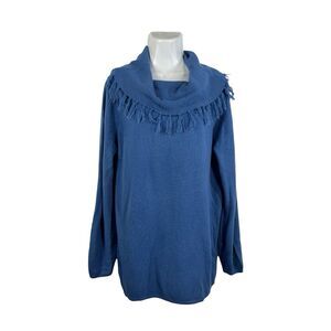 Bon Worth Women's XL Blue Cowl Neck Fringe Knit Sweater Pullover Boho
